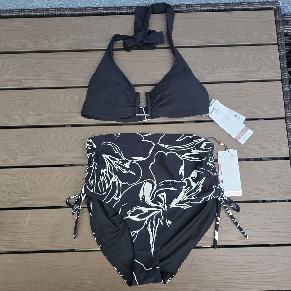 CALIA Women Black U-bar Halter Top & High Rise Adjustable Bikini Sz S New